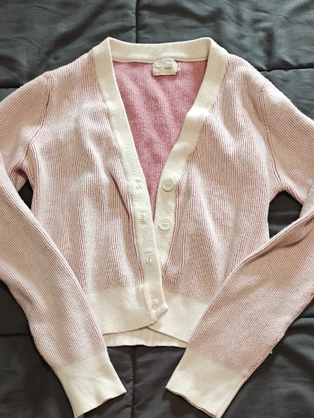 Women's Light Pink Cardigan with Cream Trim - Classic Knit Button-Front